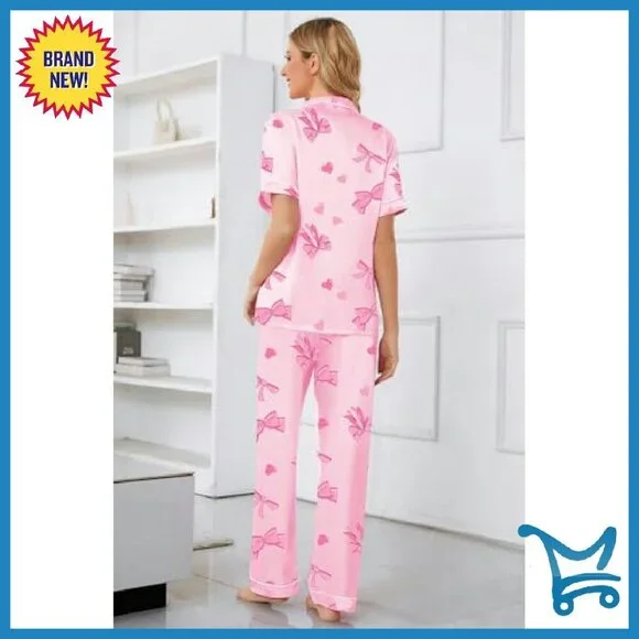 Satin Pajama Set Short Sleeve Button Down Lounge Wear Women's - Picture 7 of 8